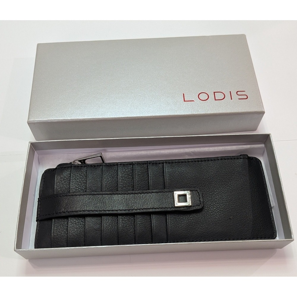 Lodis Card Case Wallet Womens OS Black  Pebbled Leather Slim Zip ID Window